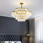 Lustre cylindrique à plusieurs niveaux en cristal doré