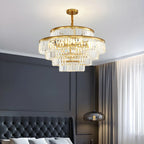 Lustre cylindrique à plusieurs niveaux en cristal doré
