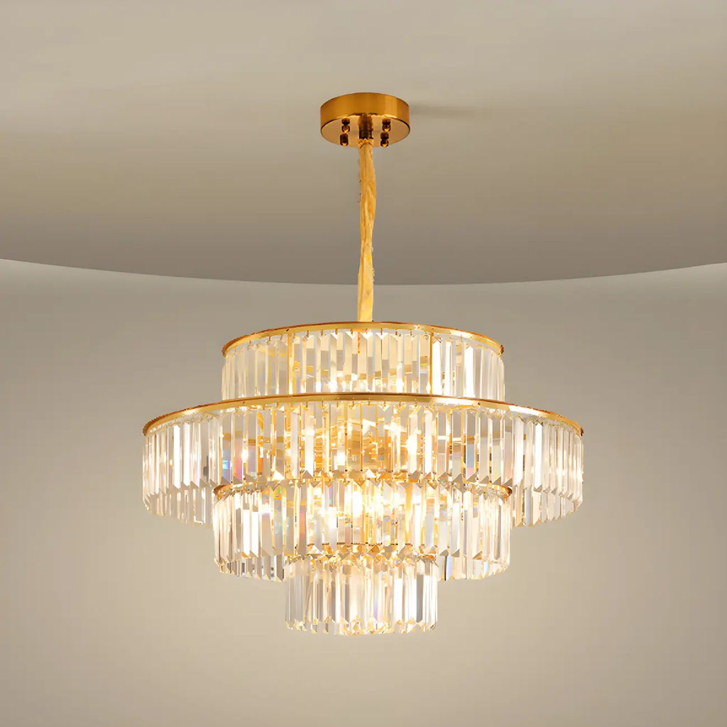 Lustre cylindrique à plusieurs niveaux en cristal doré