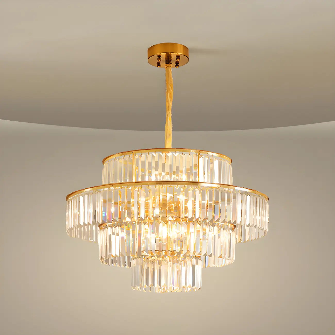 Lustre cylindrique à plusieurs niveaux en cristal doré