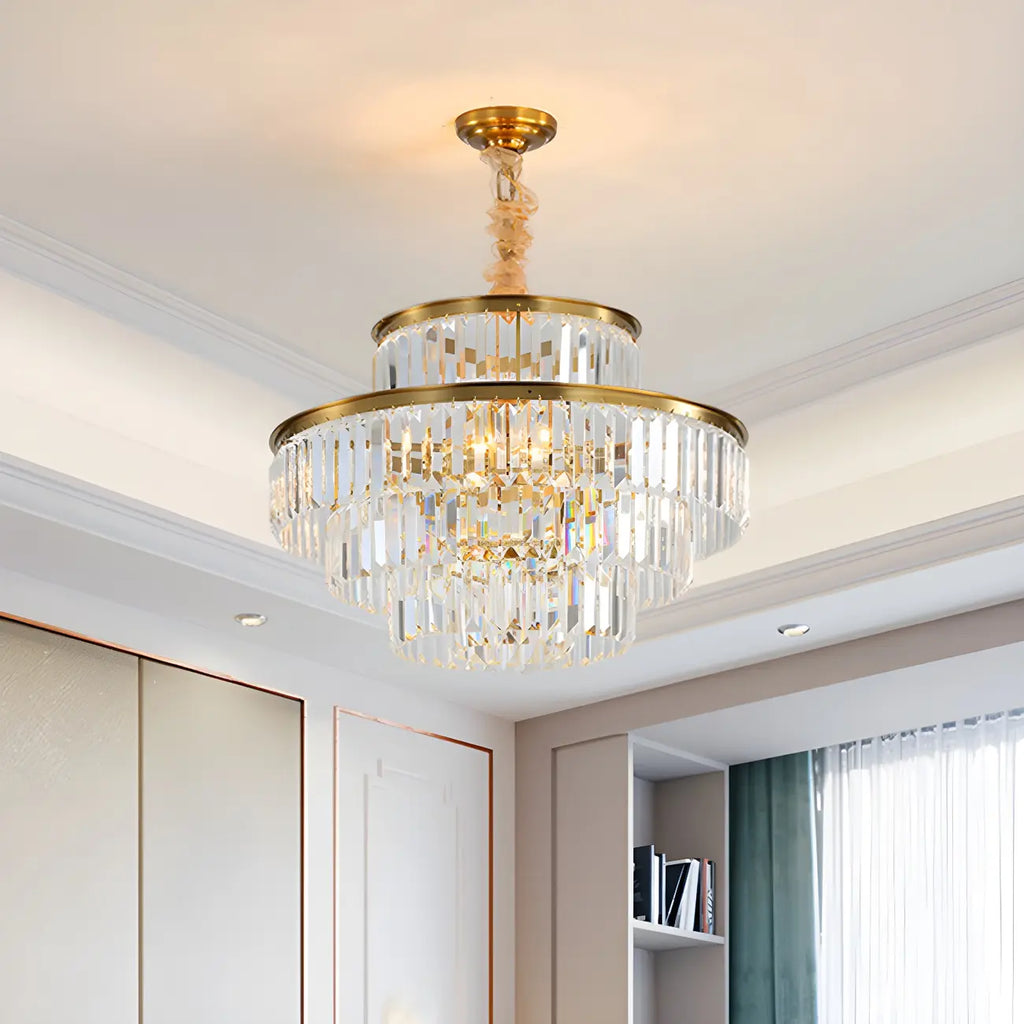 Lustre cylindrique à plusieurs niveaux en cristal doré