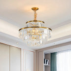 Lustre cylindrique à plusieurs niveaux en cristal doré