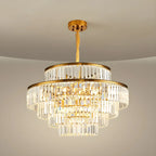 Lustre cylindrique à plusieurs niveaux en cristal doré