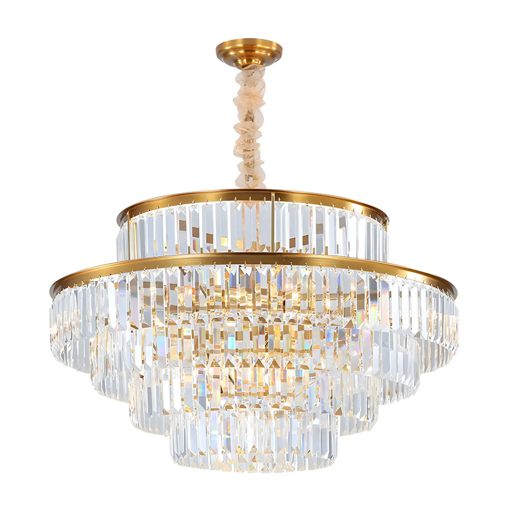 Lustre cylindrique à plusieurs niveaux en cristal doré
