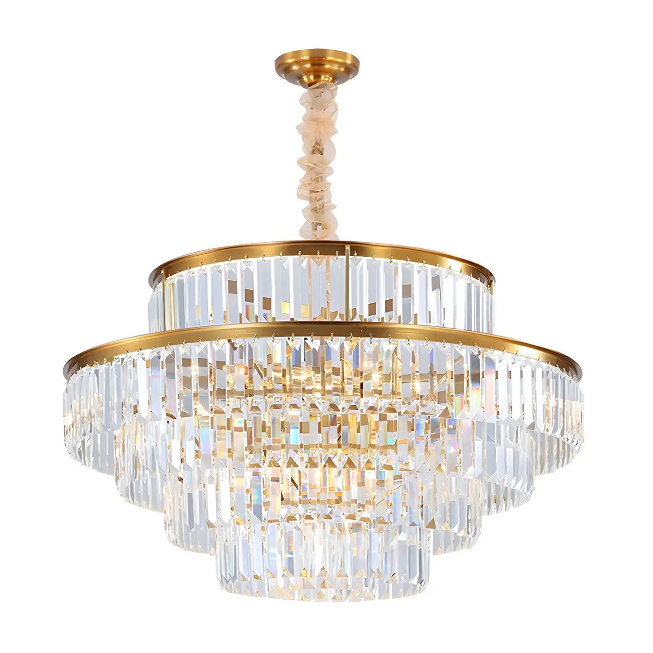 Lustre cylindrique à plusieurs niveaux en cristal doré
