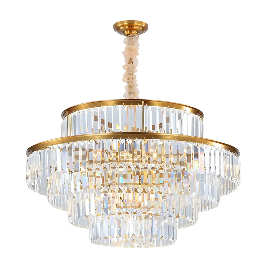 Lustre cylindrique à plusieurs niveaux en cristal doré