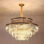 Lustre cylindrique à plusieurs niveaux en cristal doré