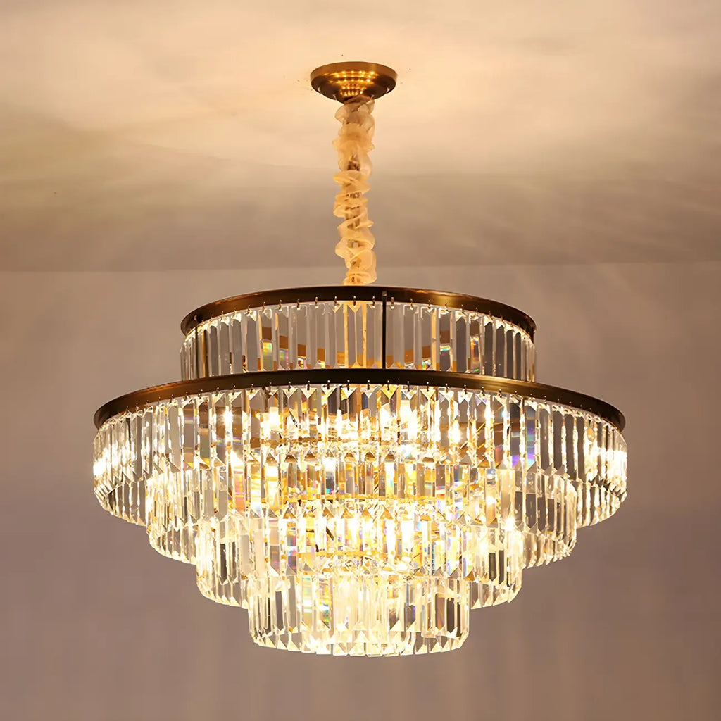 Lustre cylindrique à plusieurs niveaux en cristal doré