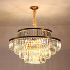 Lustre cylindrique à plusieurs niveaux en cristal doré