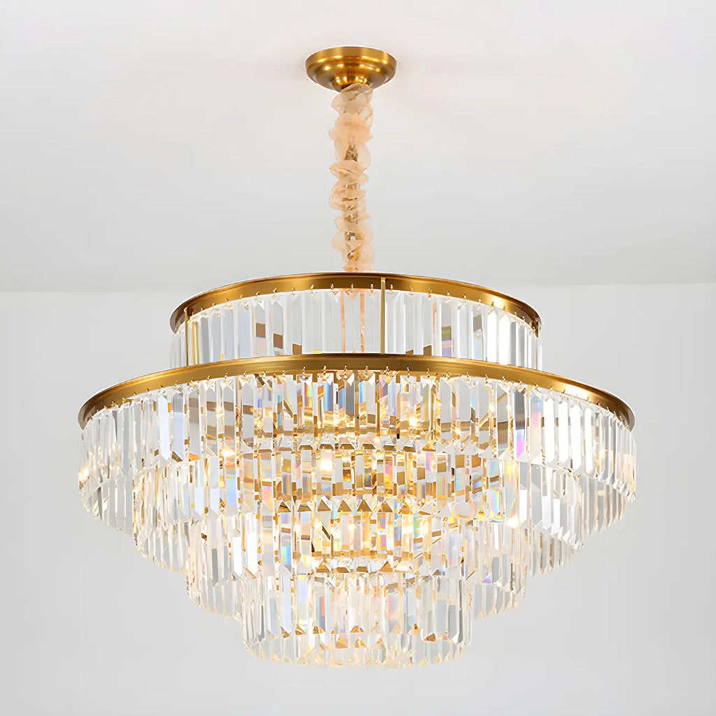 Lustre cylindrique à plusieurs niveaux en cristal doré