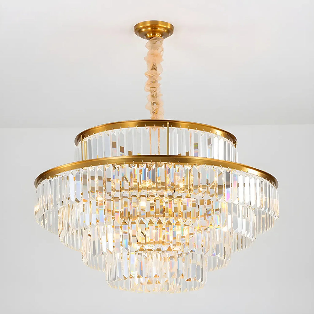 Lustre cylindrique à plusieurs niveaux en cristal doré