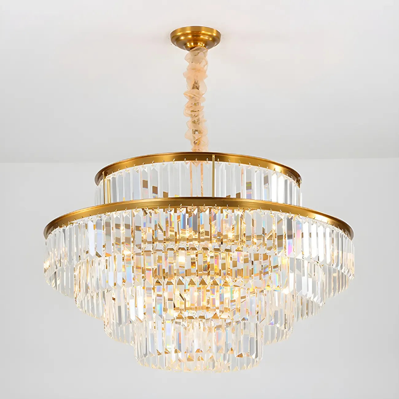 Lustre cylindrique à plusieurs niveaux en cristal doré