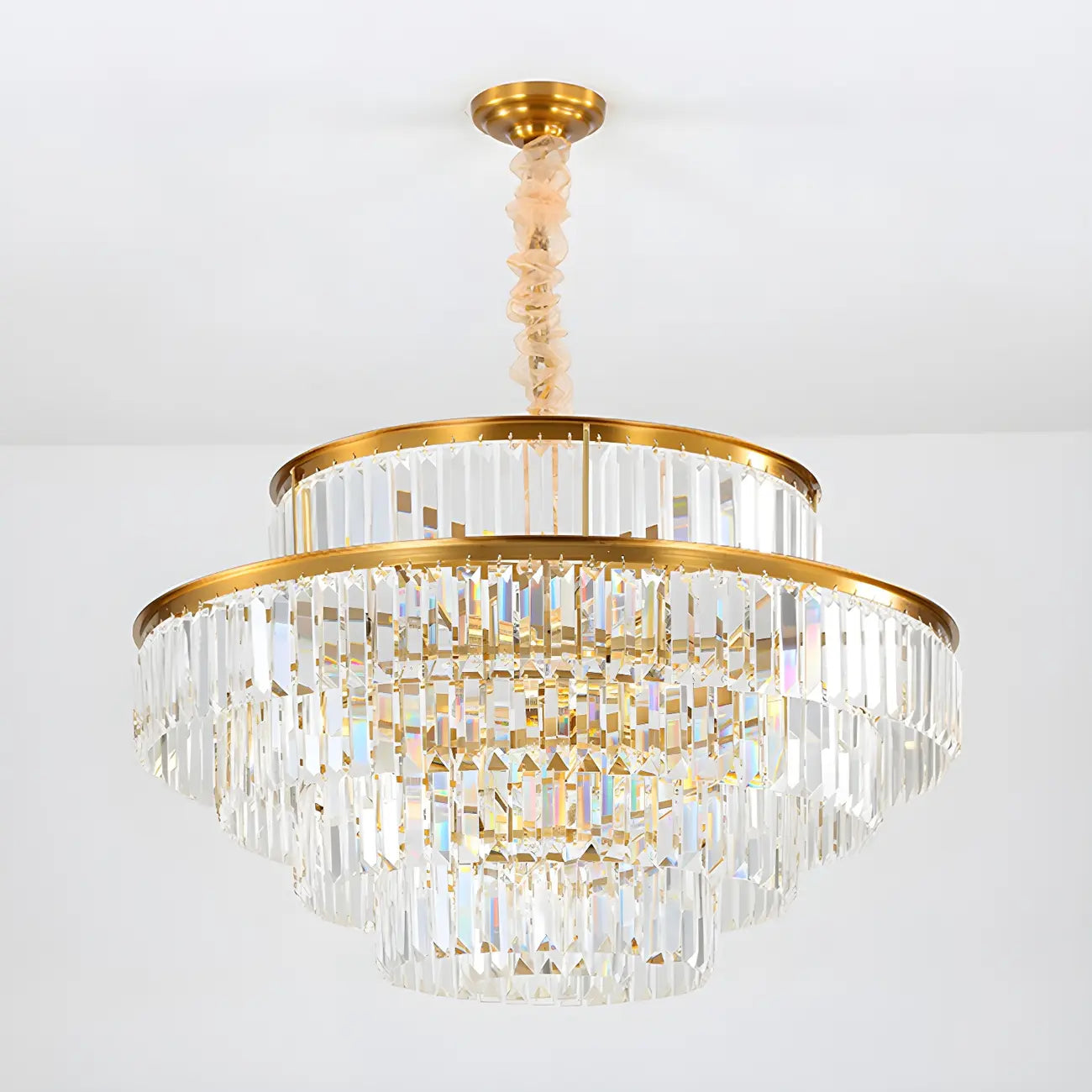 Lustre cylindrique à plusieurs niveaux en cristal doré