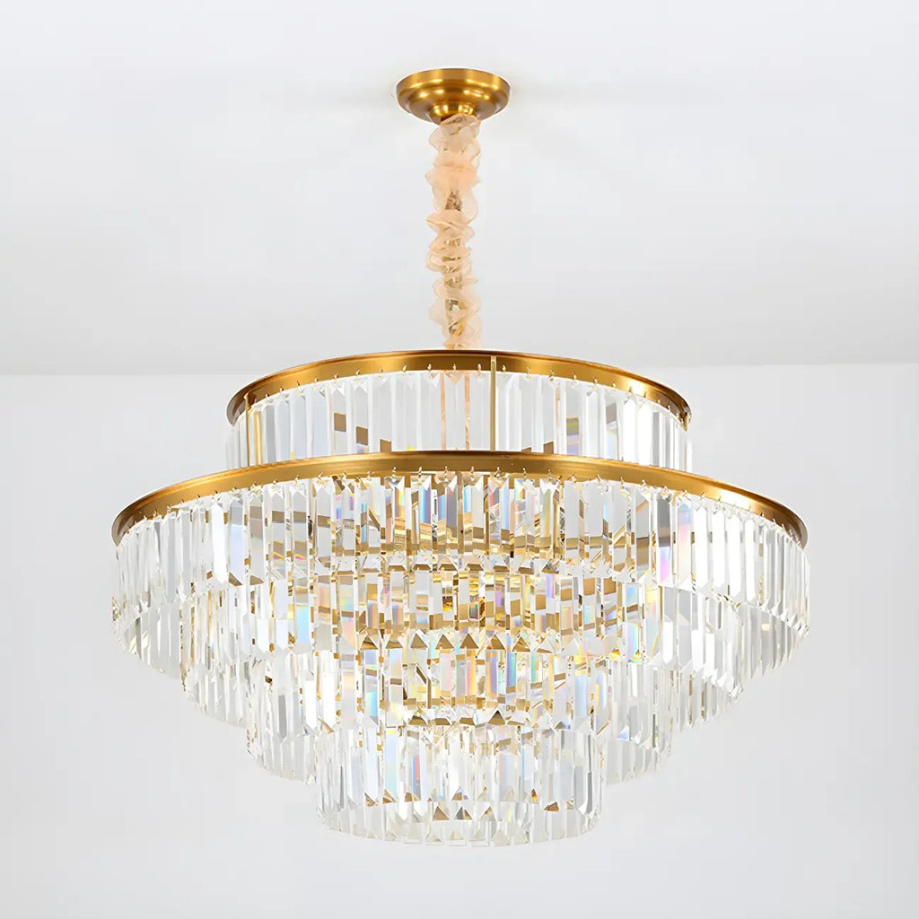 Lustre cylindrique à plusieurs niveaux en cristal doré