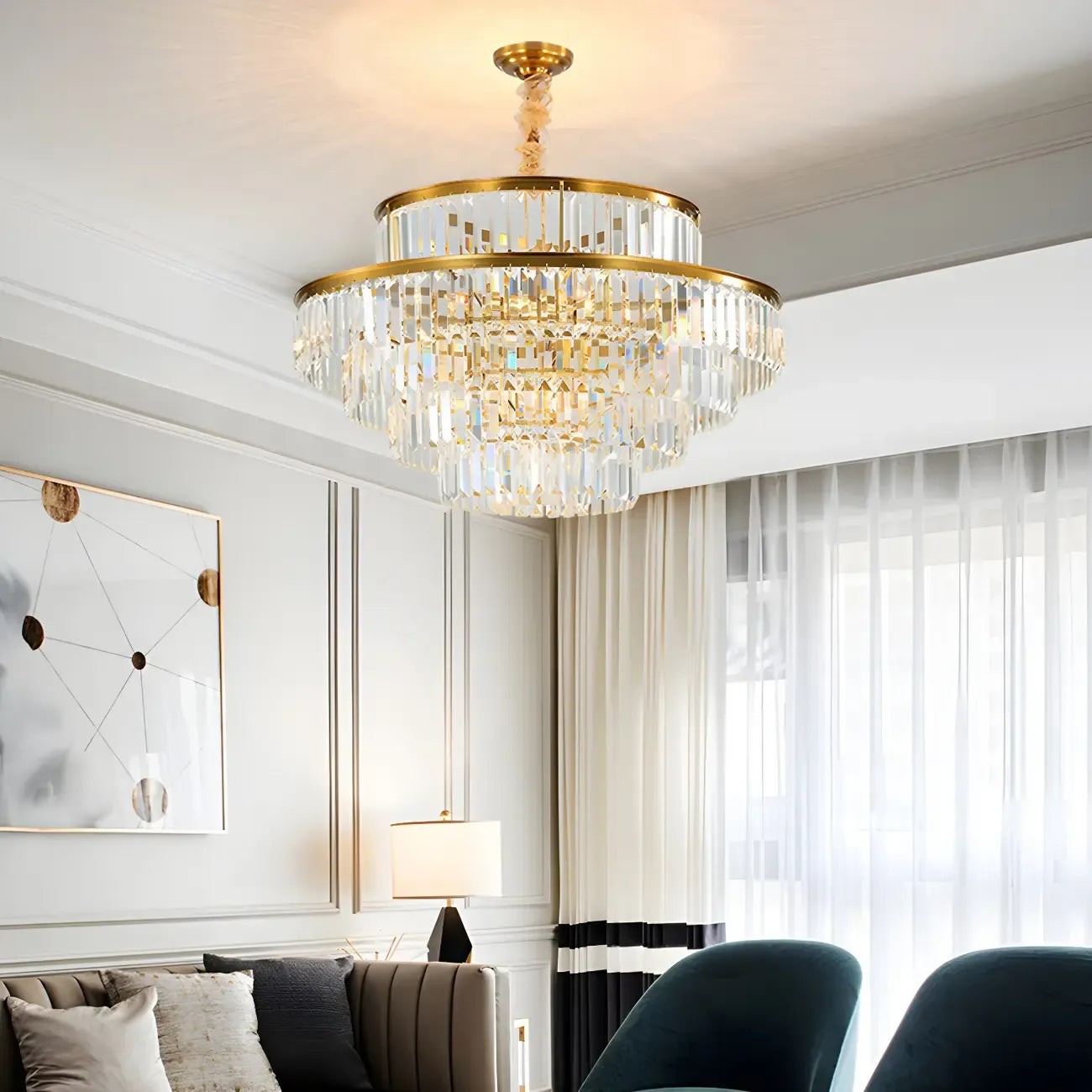 Lustre cylindrique à plusieurs niveaux en cristal doré