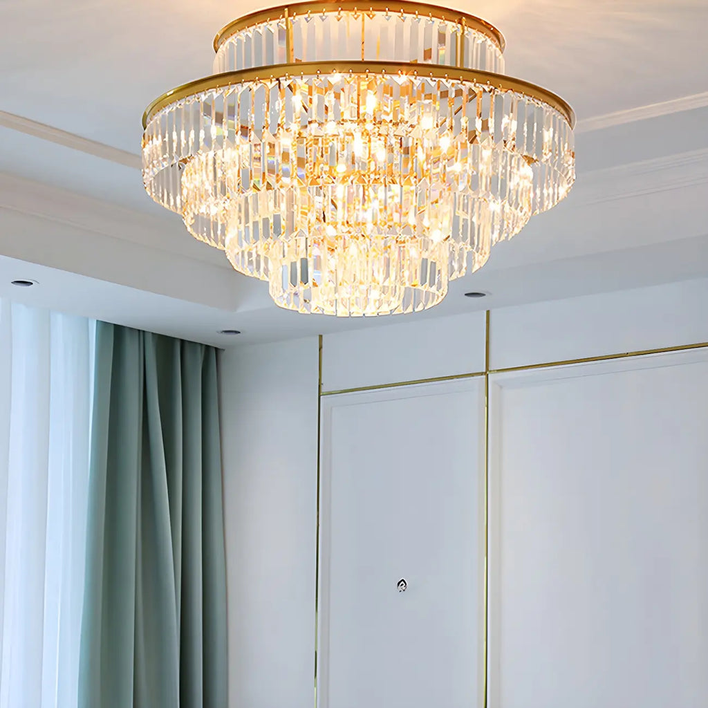 Lustre cylindrique à plusieurs niveaux en cristal doré