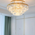 Lustre cylindrique à plusieurs niveaux en cristal doré