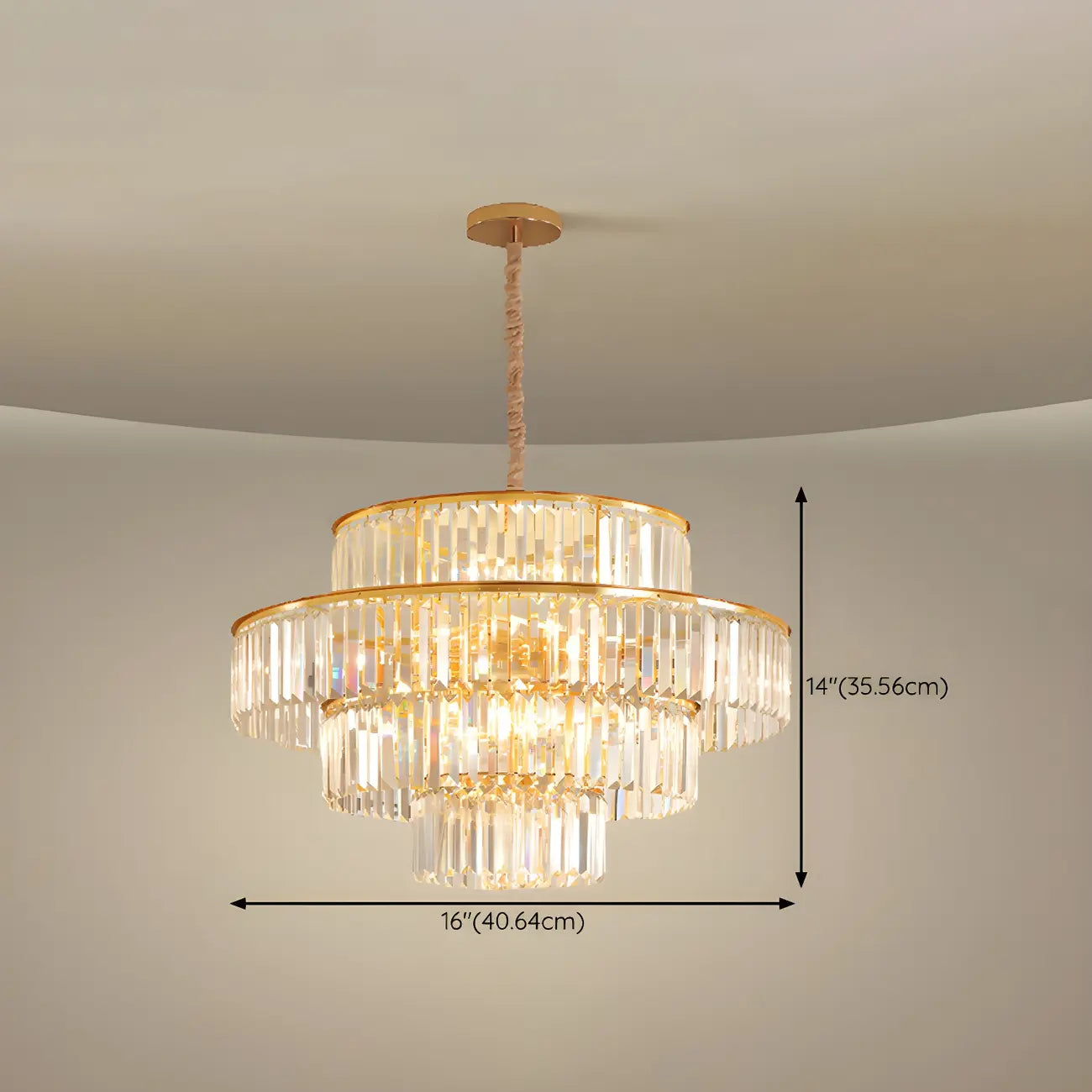Lustre cylindrique à plusieurs niveaux en cristal doré