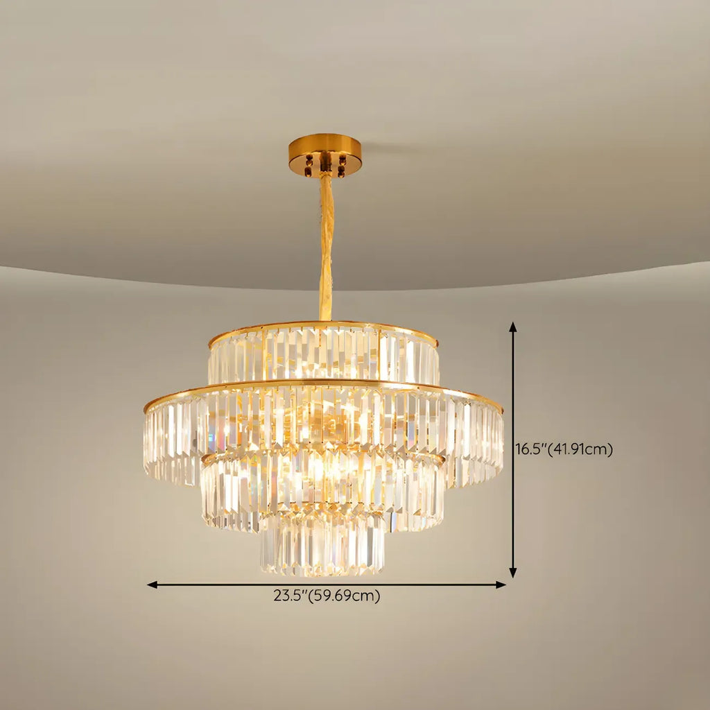 Lustre cylindrique à plusieurs niveaux en cristal doré
