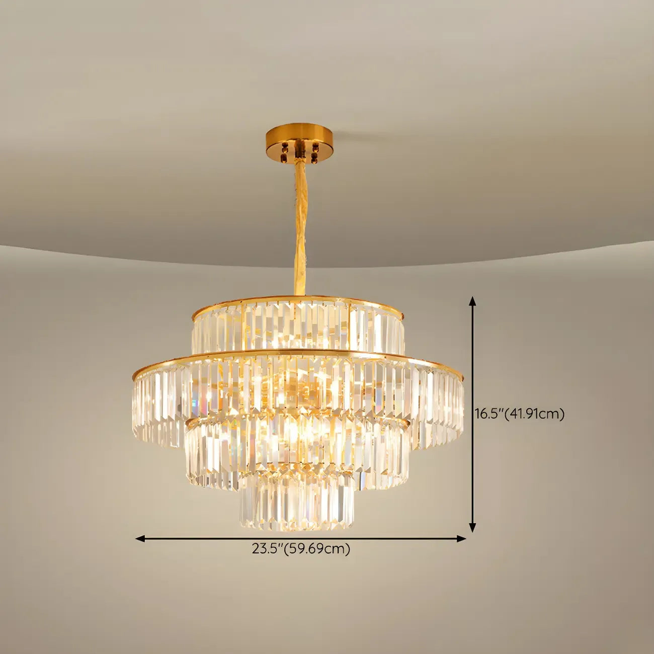 Lustre cylindrique à plusieurs niveaux en cristal doré