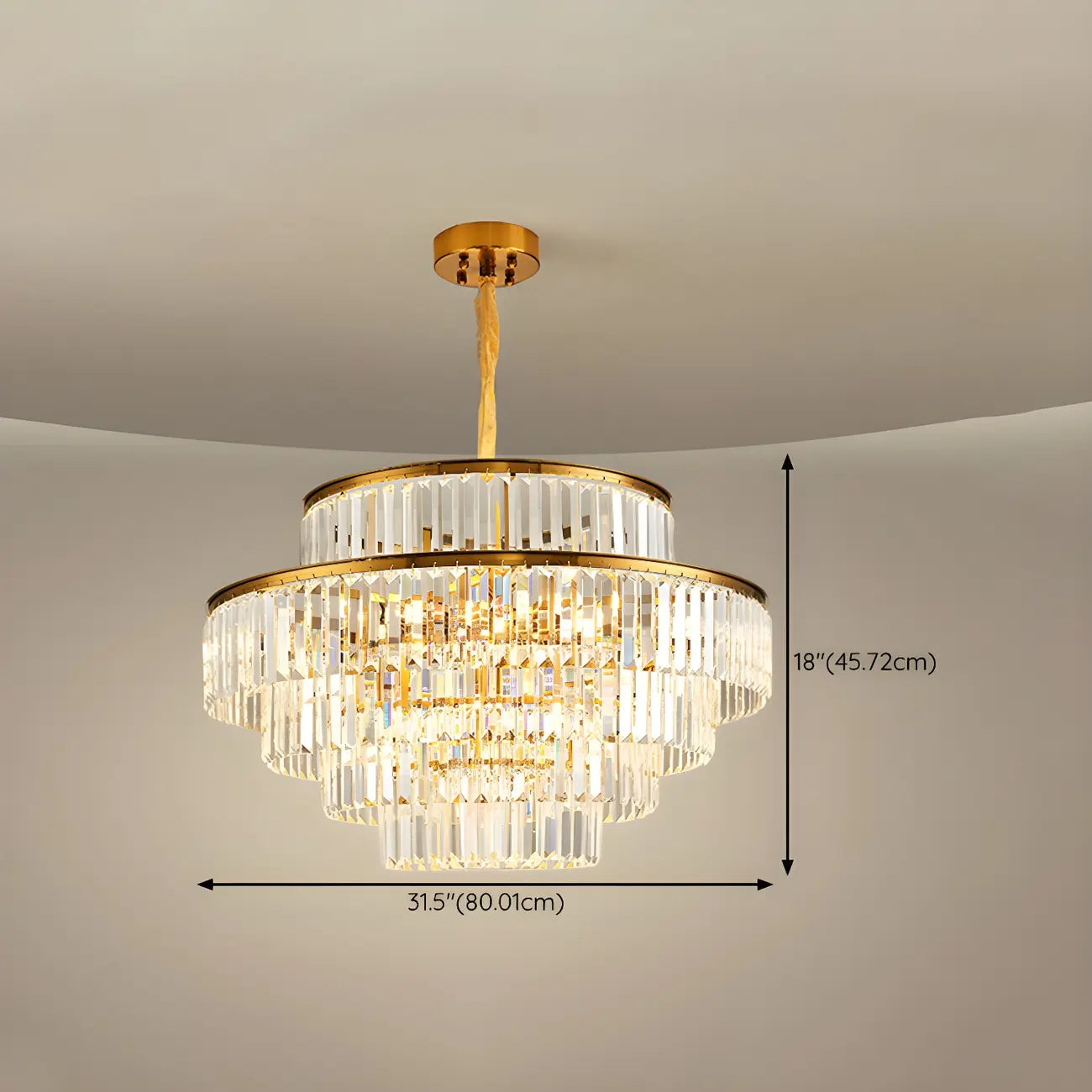 Lustre cylindrique à plusieurs niveaux en cristal doré