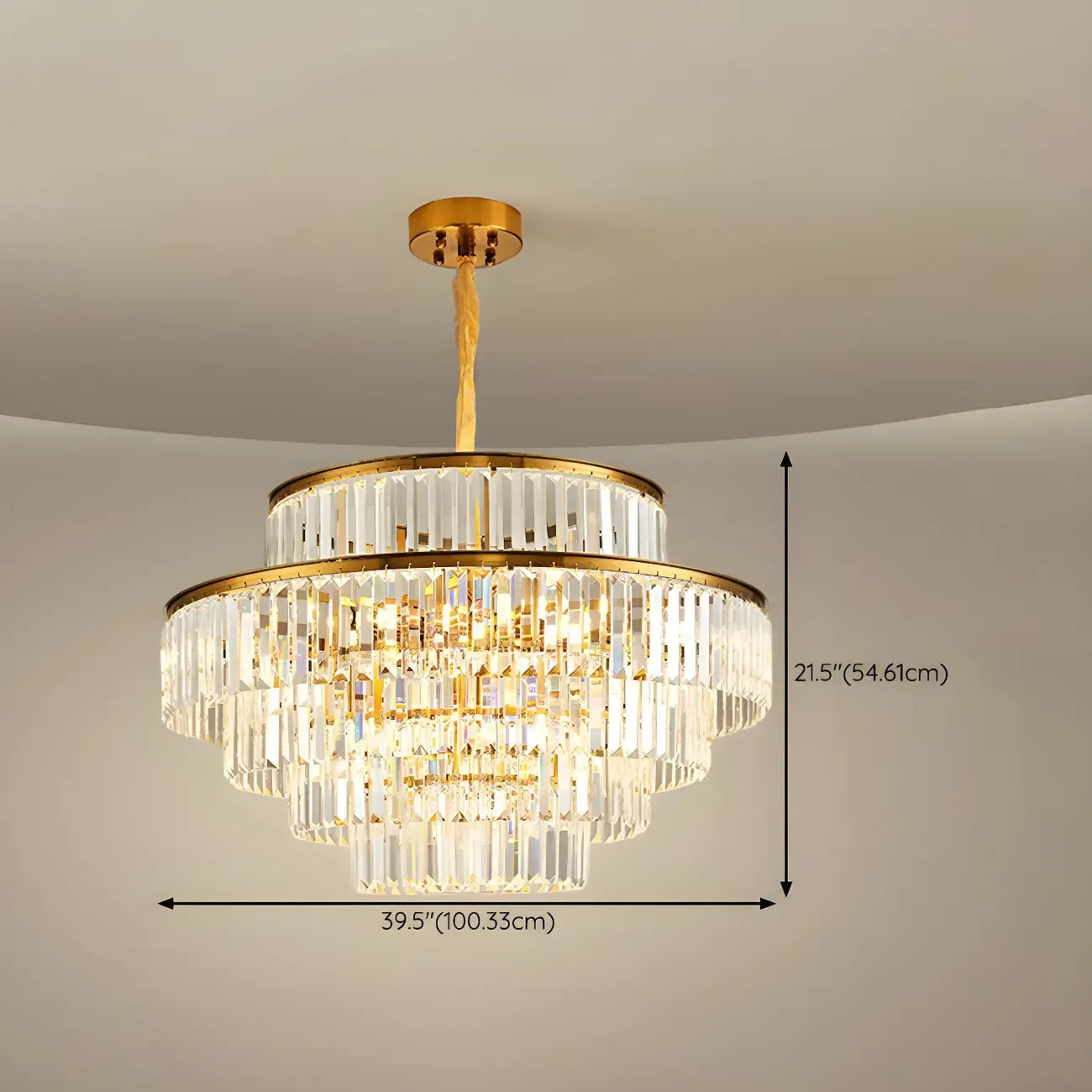 Lustre cylindrique à plusieurs niveaux en cristal doré