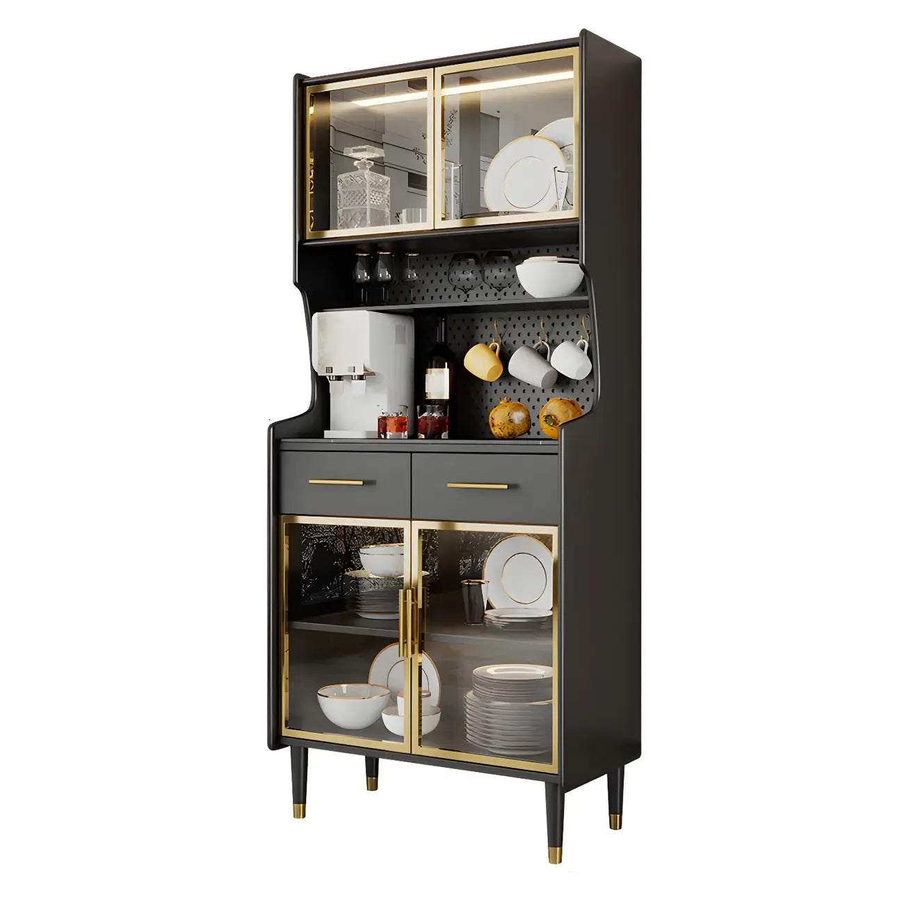 vaisselier de cuisine en bois noir avec portes vitrées
