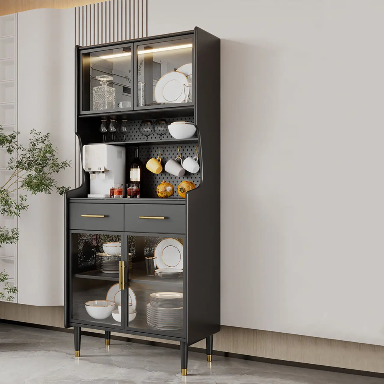 vaisselier de cuisine en bois noir avec portes vitrées