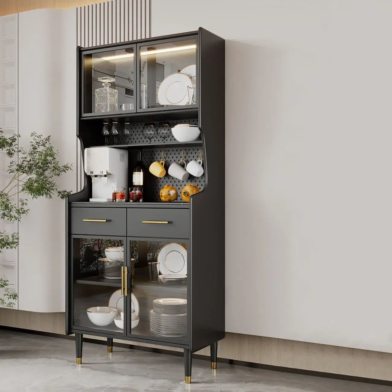 vaisselier de cuisine en bois noir avec portes vitrées