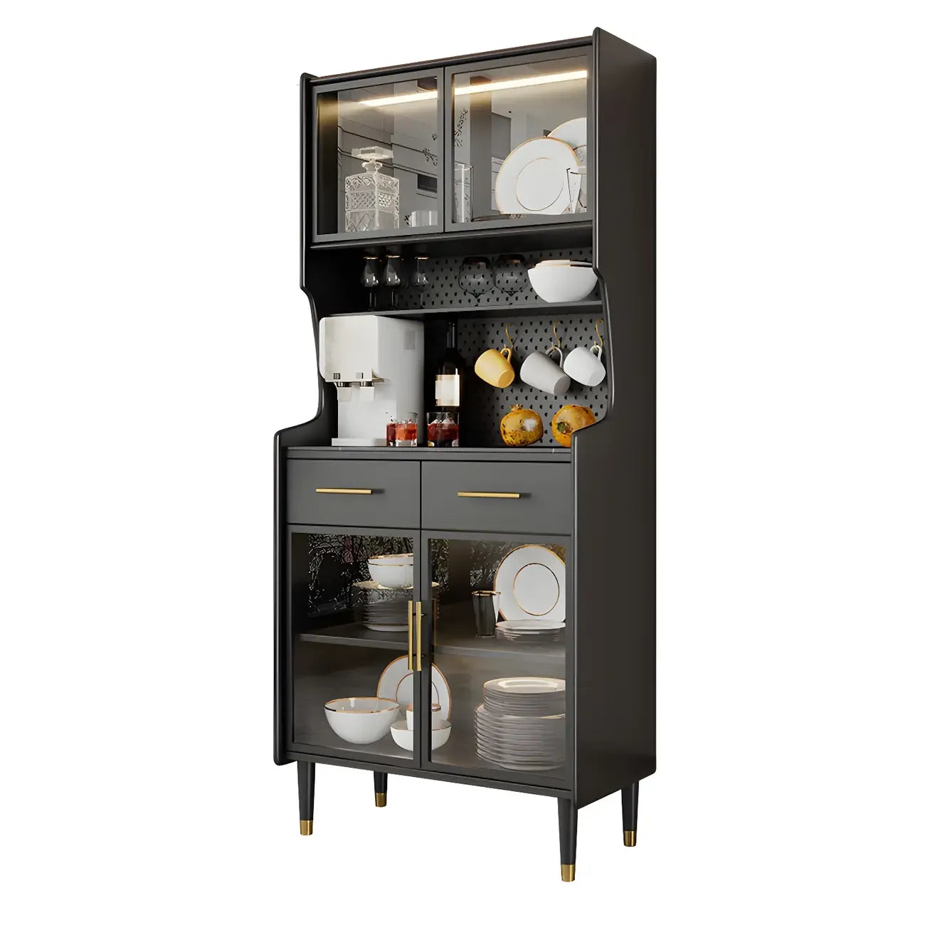vaisselier de cuisine en bois noir avec portes vitrées