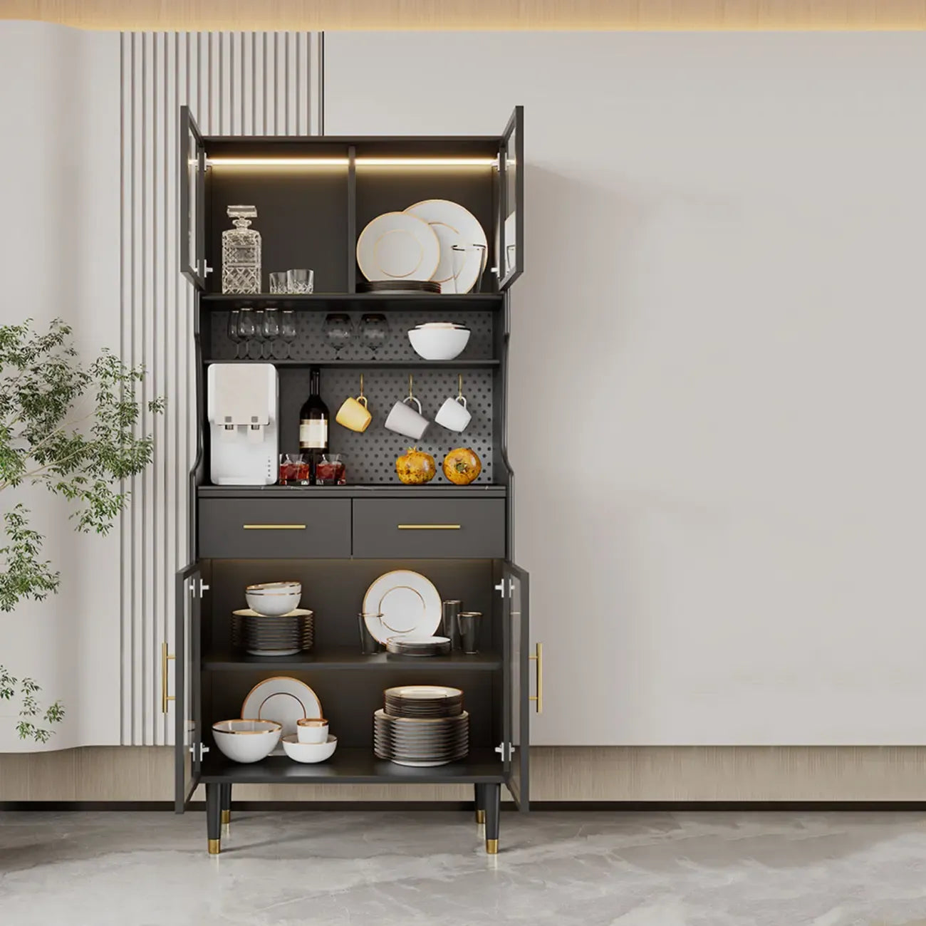 vaisselier de cuisine en bois noir avec portes vitrées