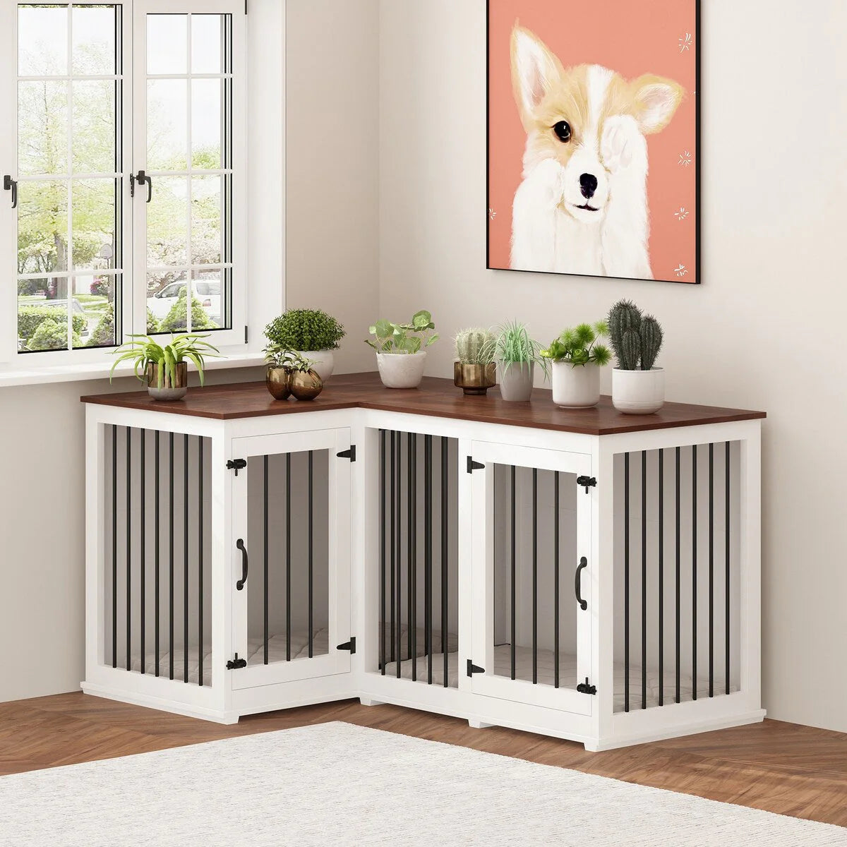 Grand meuble d'angle pour 2 chiens, cage en forme de L - 58,7 x 41,1 pouces
