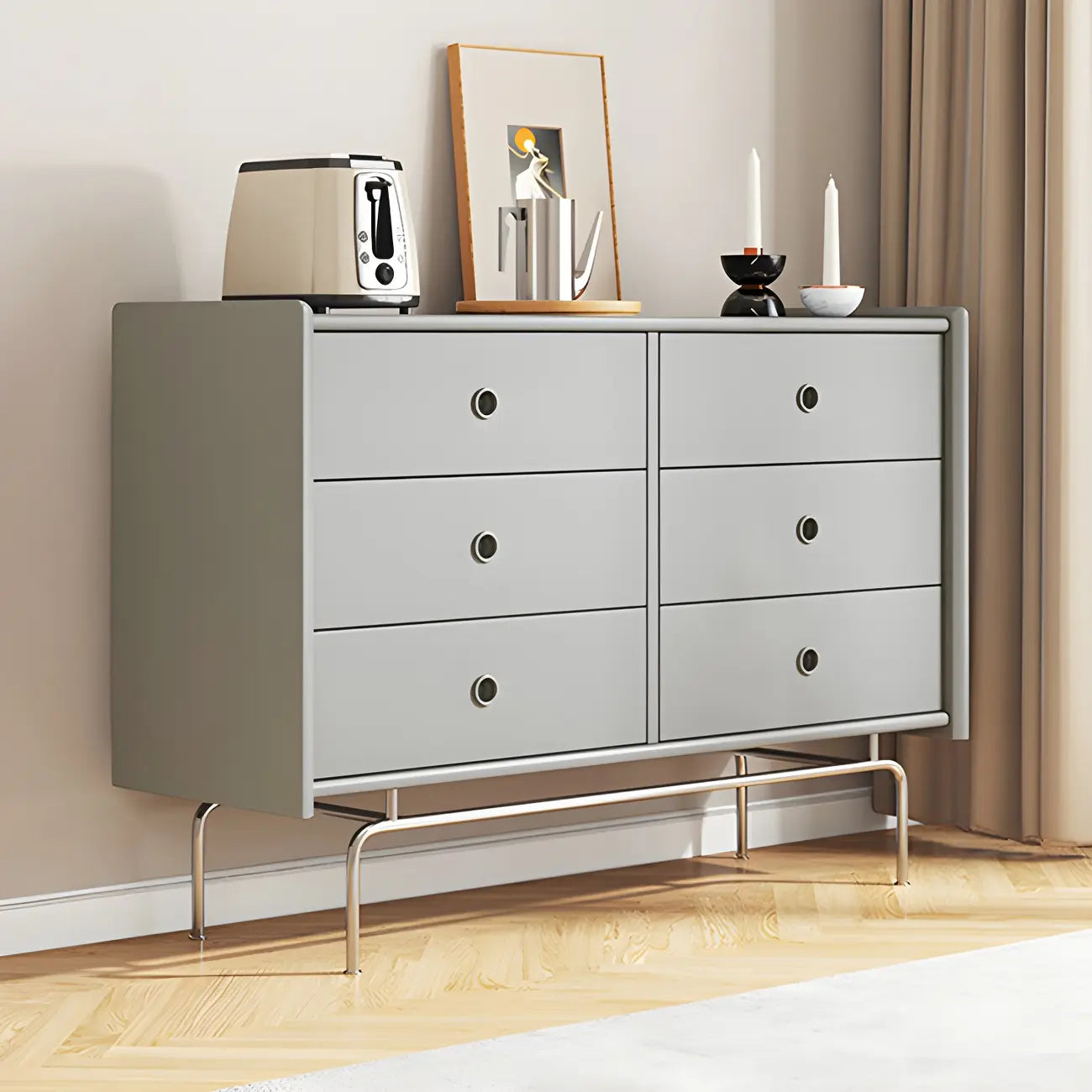 Commode et chiffonnier élégants en bois gris avec rangement
