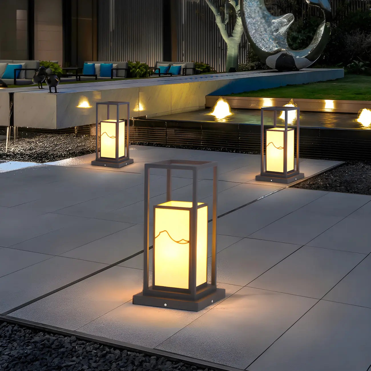 Lampe de poteau géométrique en métal noir et verre