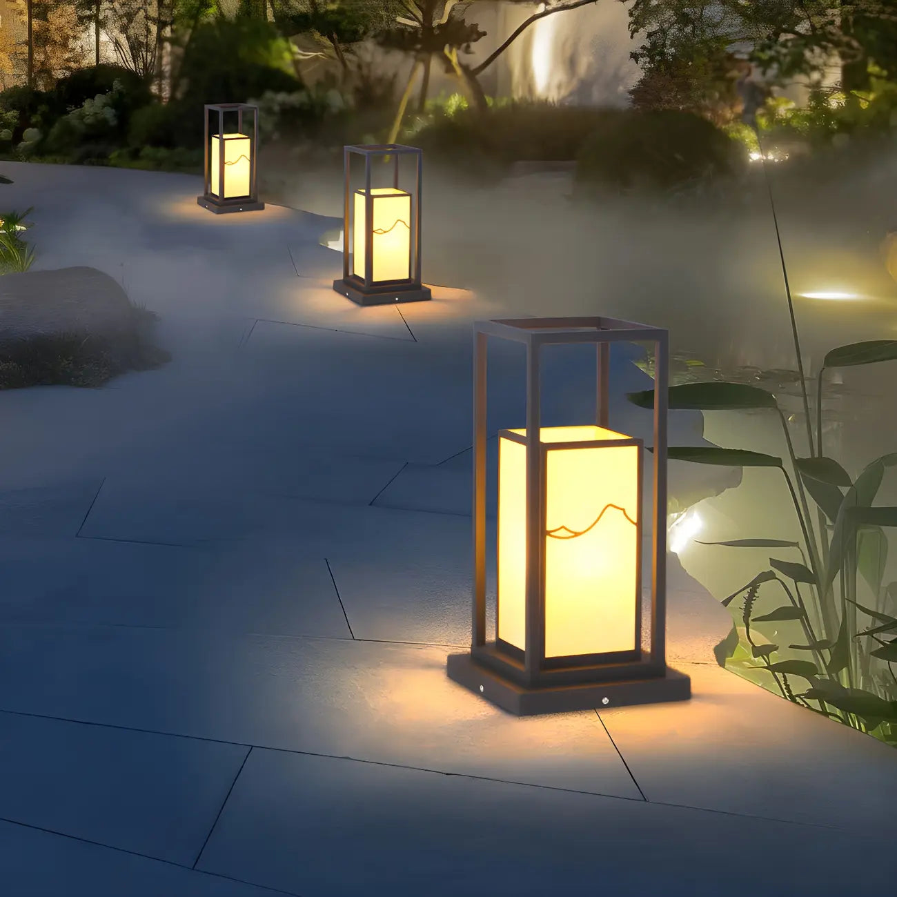 Lampe de poteau géométrique en métal noir et verre