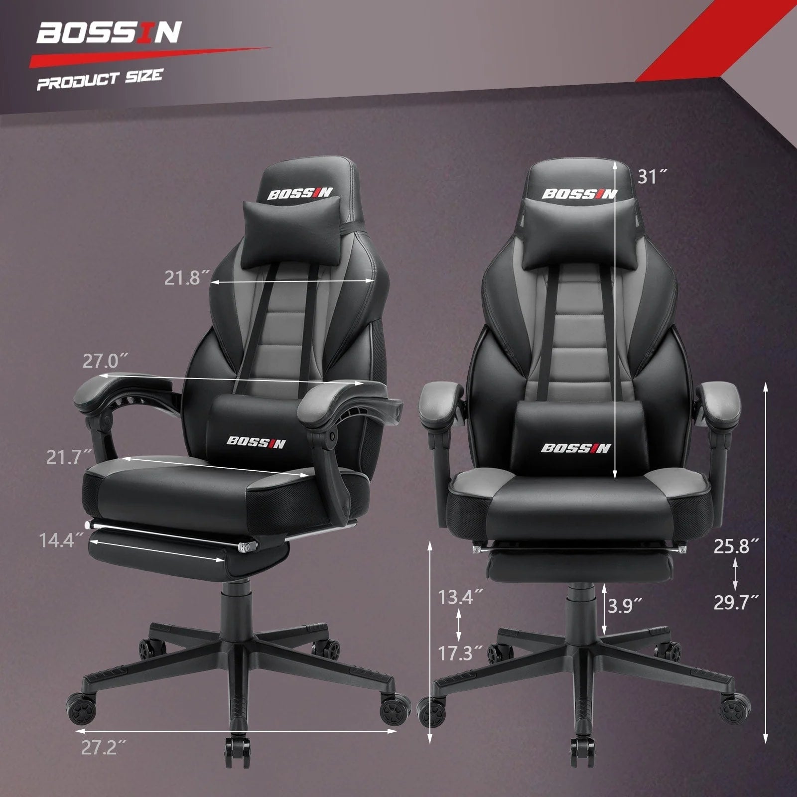 Chaise de jeu BOSSIN style racing, chaise de jeu grande taille supportant jusqu'à 136 kg (300 lbs), dossier haut, chaise d'ordinateur