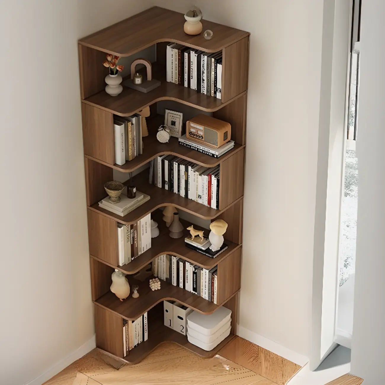 Bibliothèque d'angle en bois composite à 6 étagères