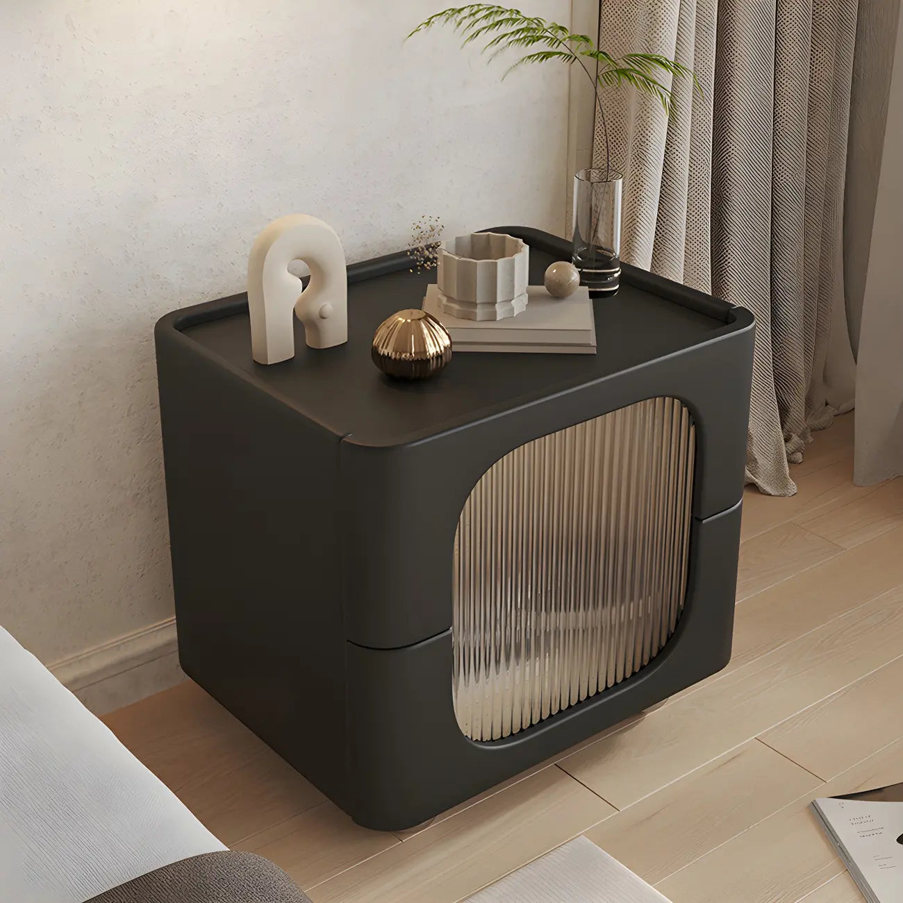 Table de chevet minimaliste en bois massif et verre cubique noir