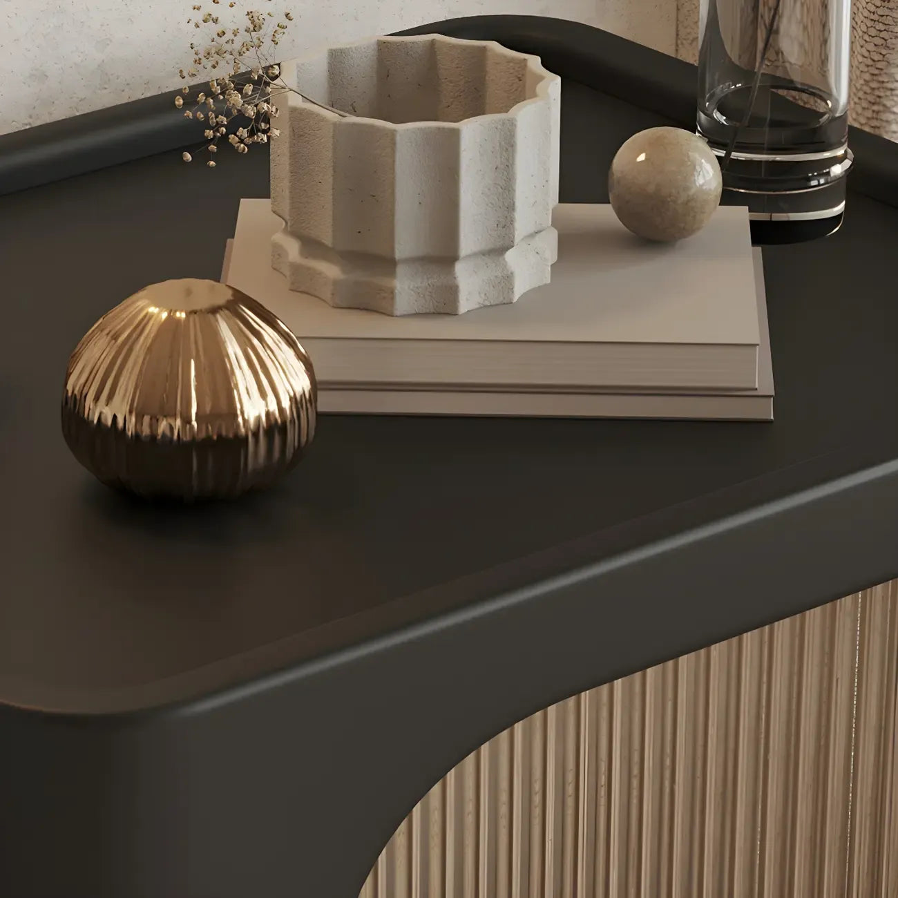 Table de chevet minimaliste en bois massif et verre cubique noir