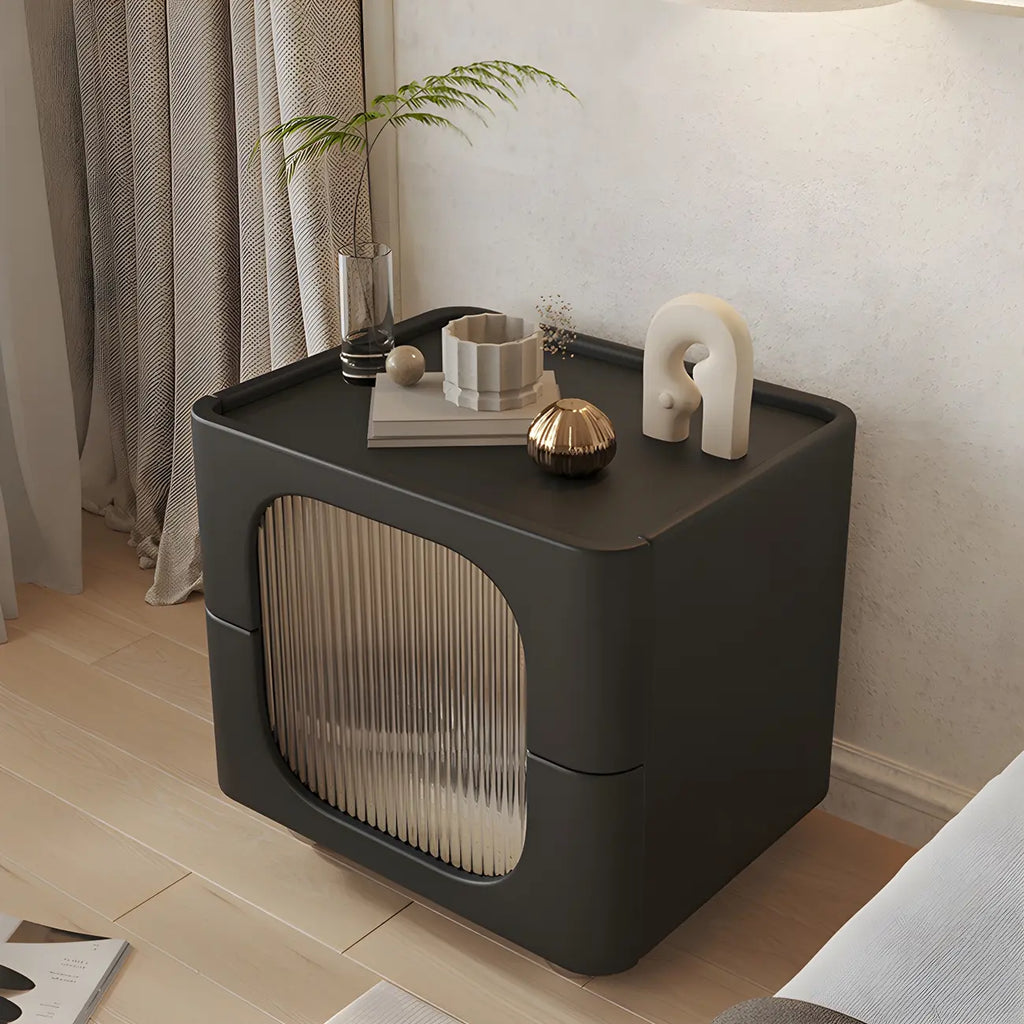Table de chevet minimaliste en bois massif et verre cubique noir
