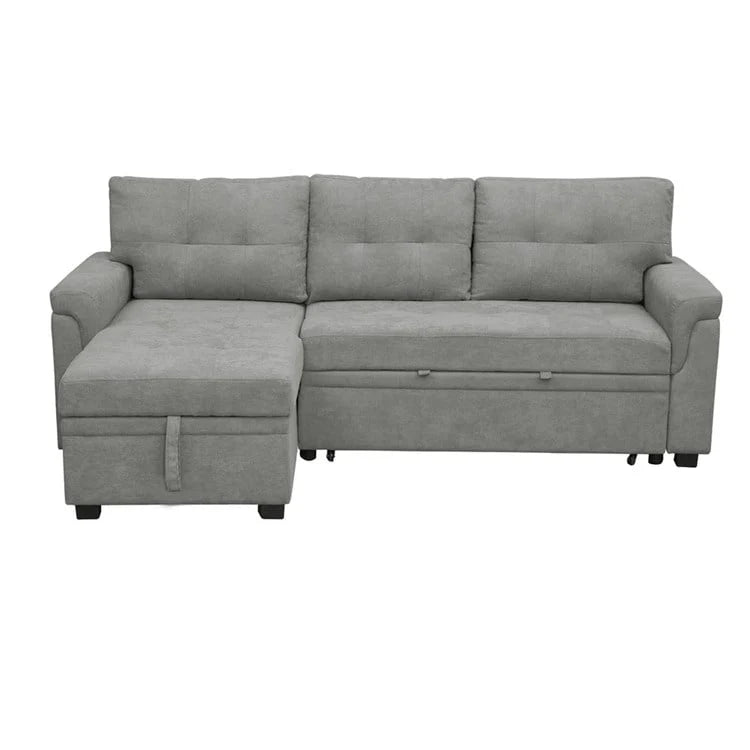 Canapé d'angle convertible et réversible avec lit gigogne, méridienne de rangement dissimulée et pieds robustes.