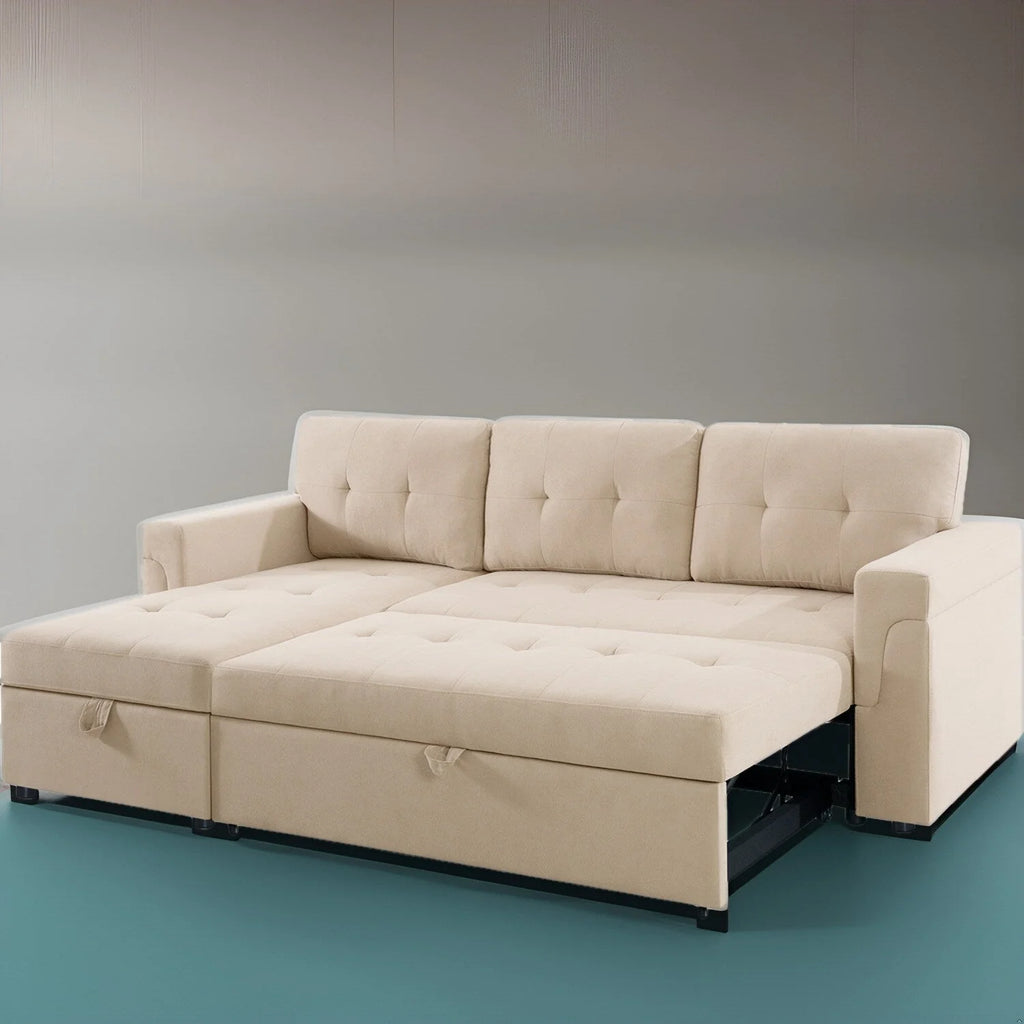 Canapé d'angle convertible et réversible avec lit gigogne, méridienne de rangement dissimulée et pieds robustes.