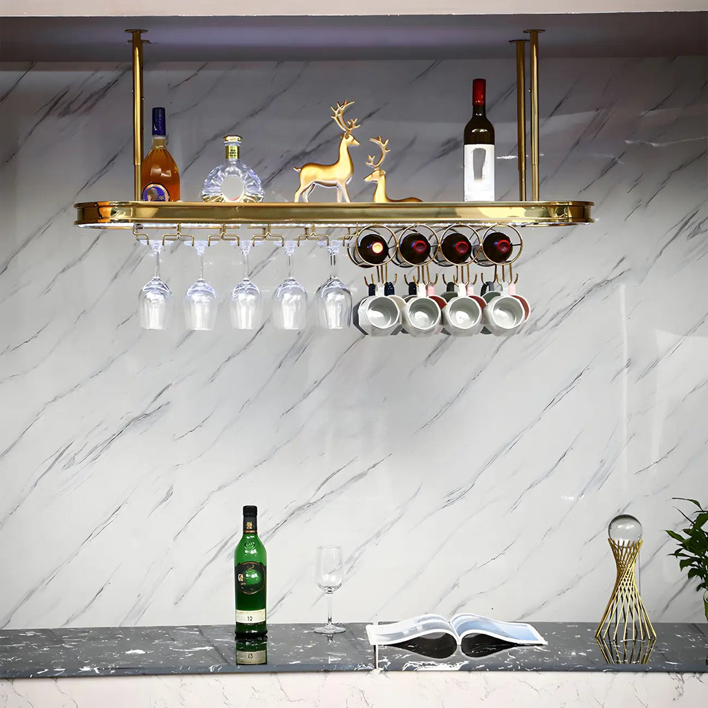 Porte-bouteilles moderne en métal doré avec support à verres