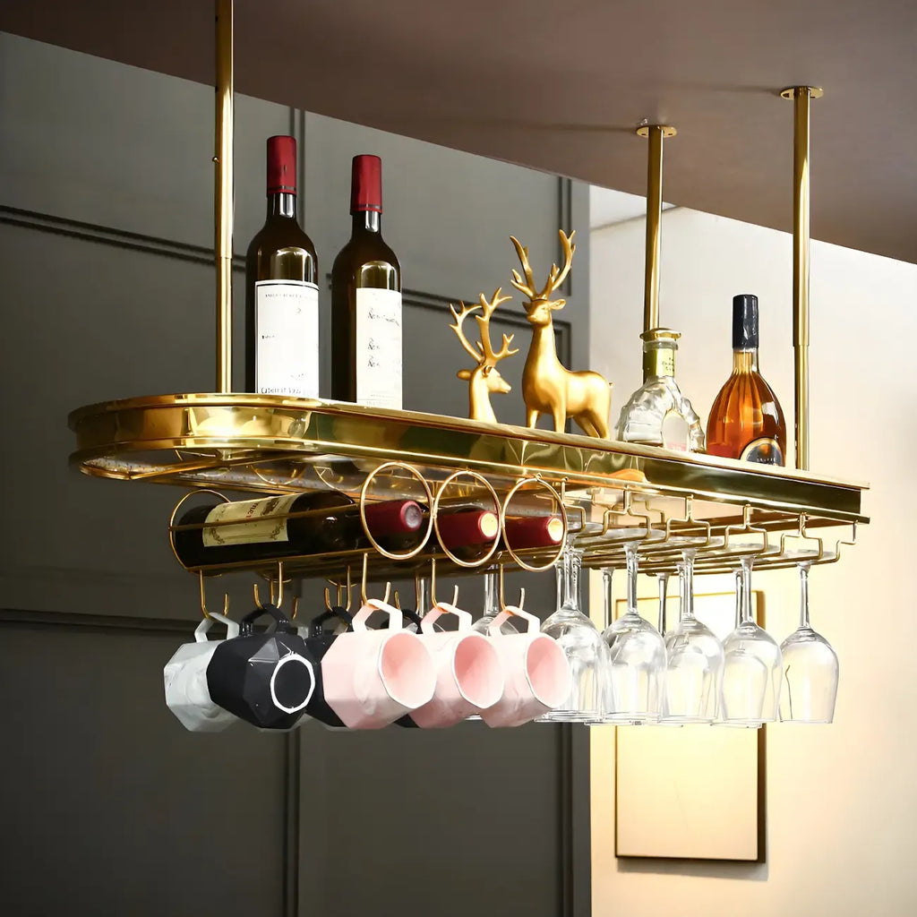 Porte-bouteilles moderne en métal doré avec support à verres