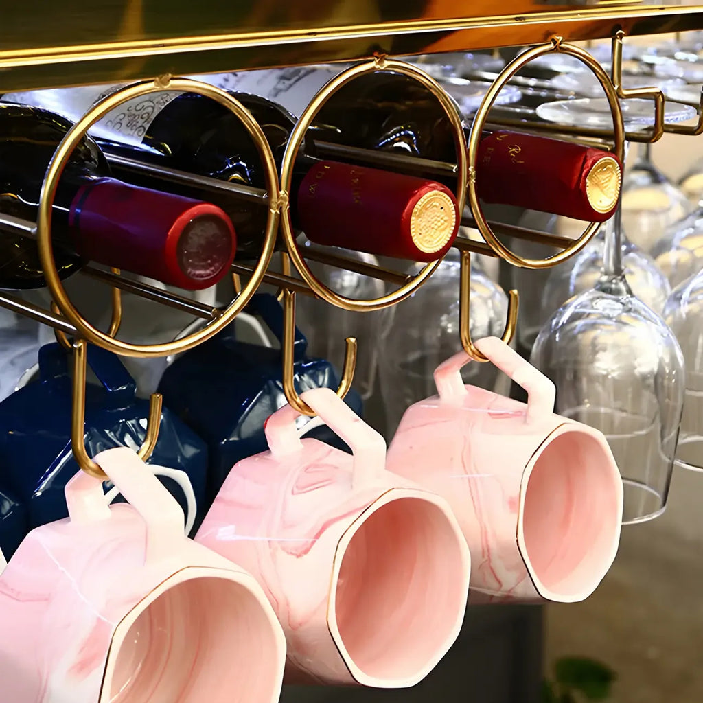 Porte-bouteilles moderne en métal doré avec support à verres