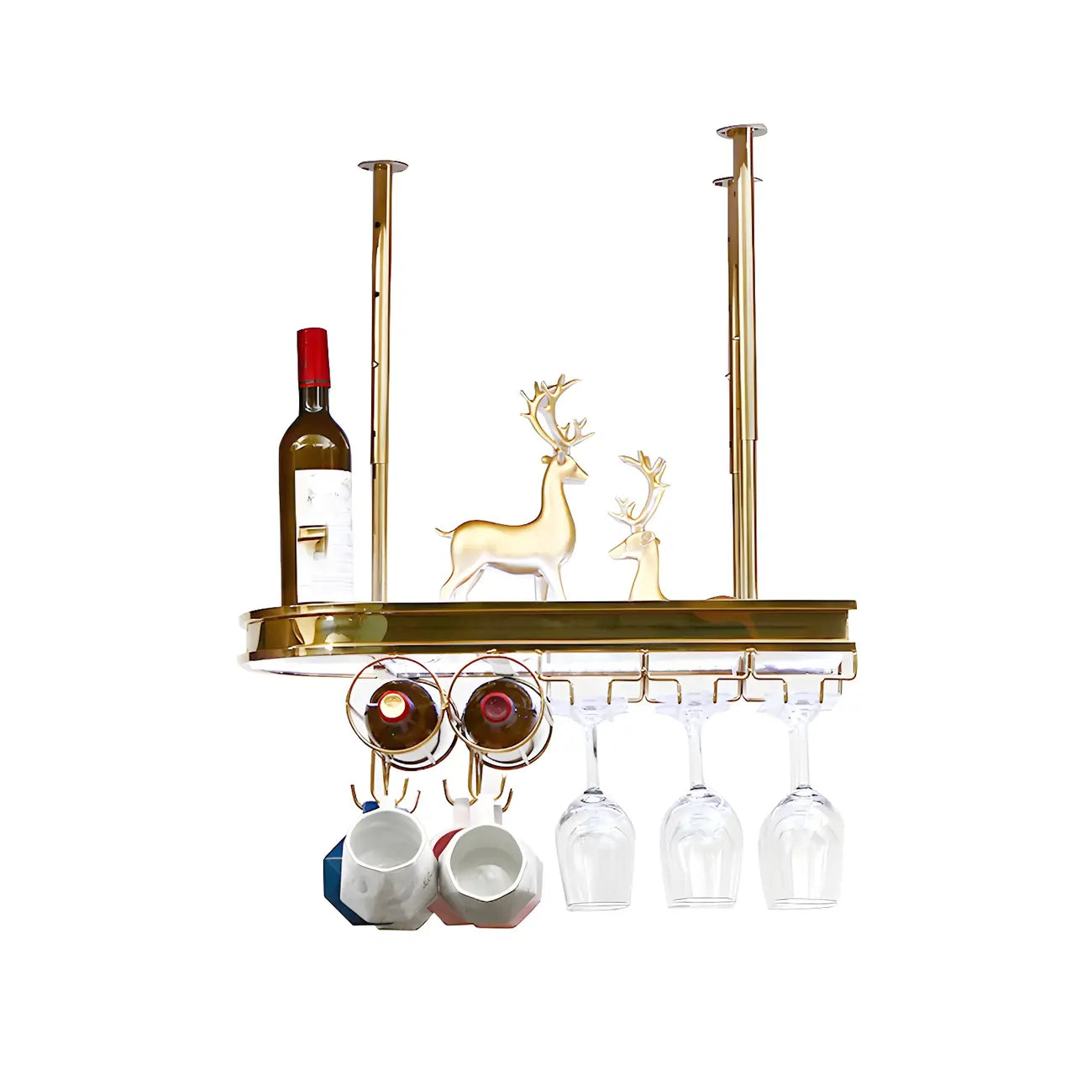 Porte-bouteilles moderne en métal doré avec support à verres