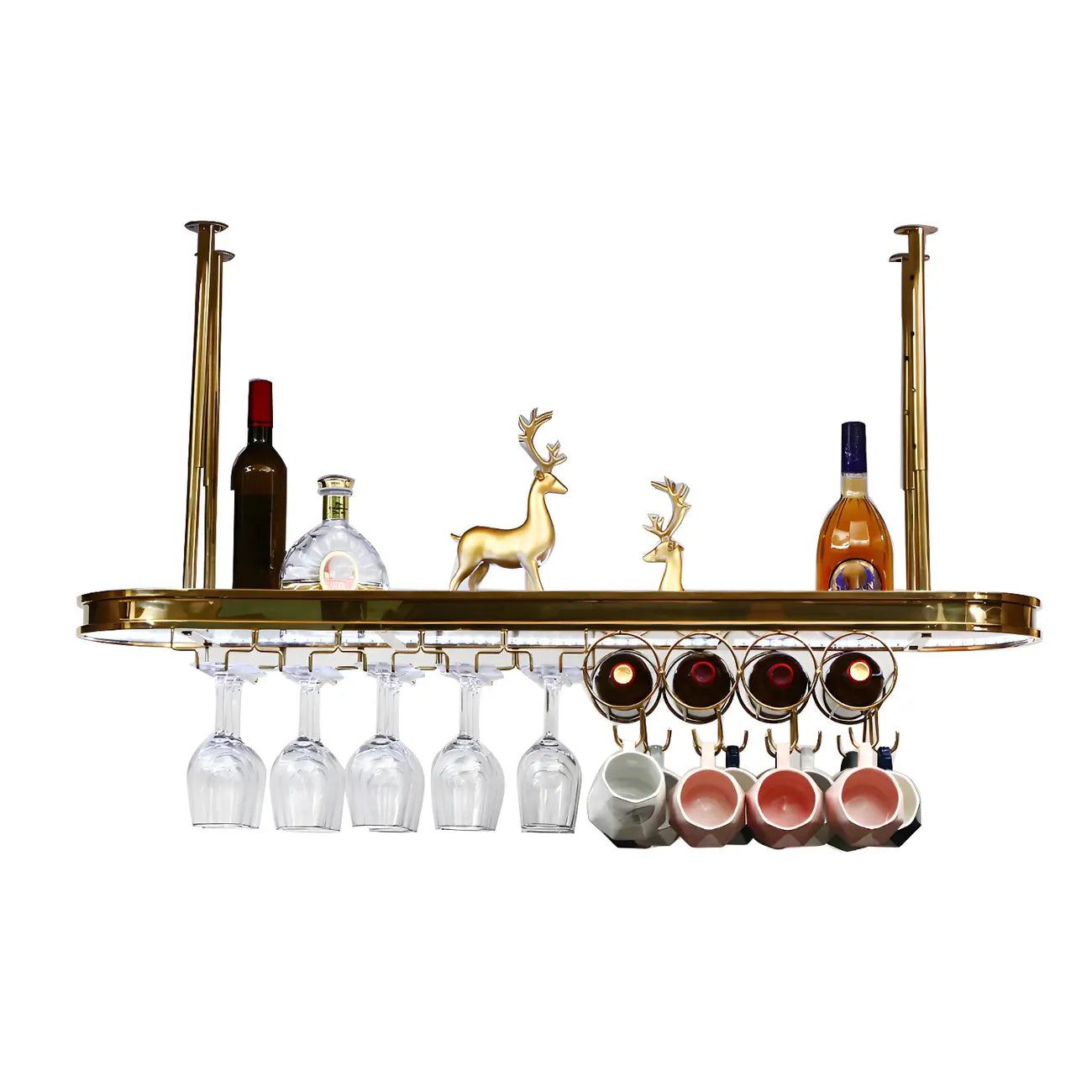 Porte-bouteilles moderne en métal doré avec support à verres