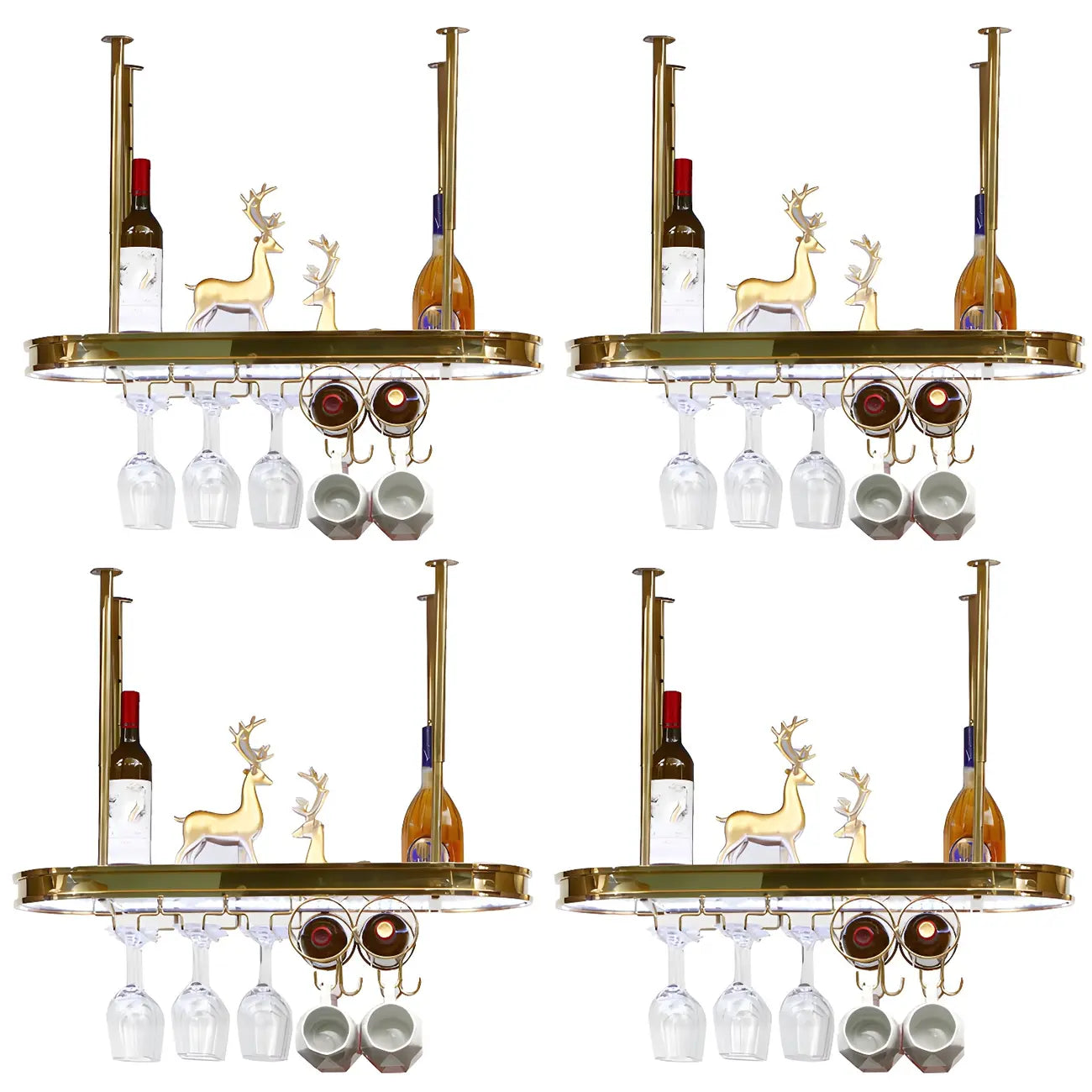 Porte-bouteilles moderne en métal doré avec support à verres