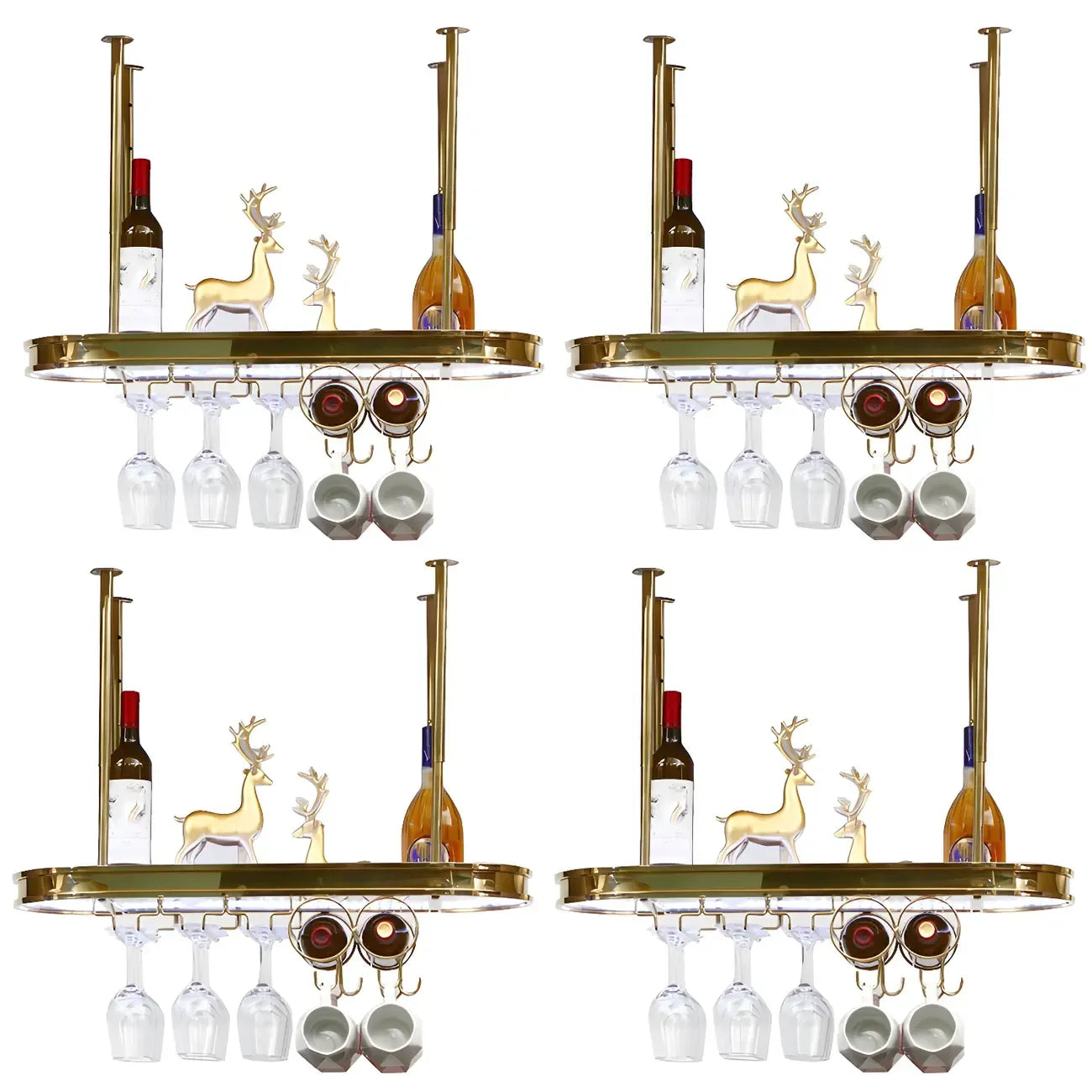 Porte-bouteilles moderne en métal doré avec support à verres