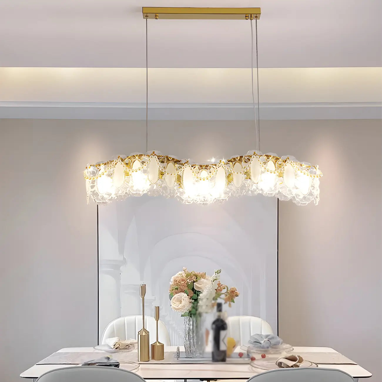Suspension géométrique en cristal clair pour îlot lumineux